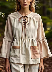 French Apricot Lace Up Pockets Cotton Blouses Fall