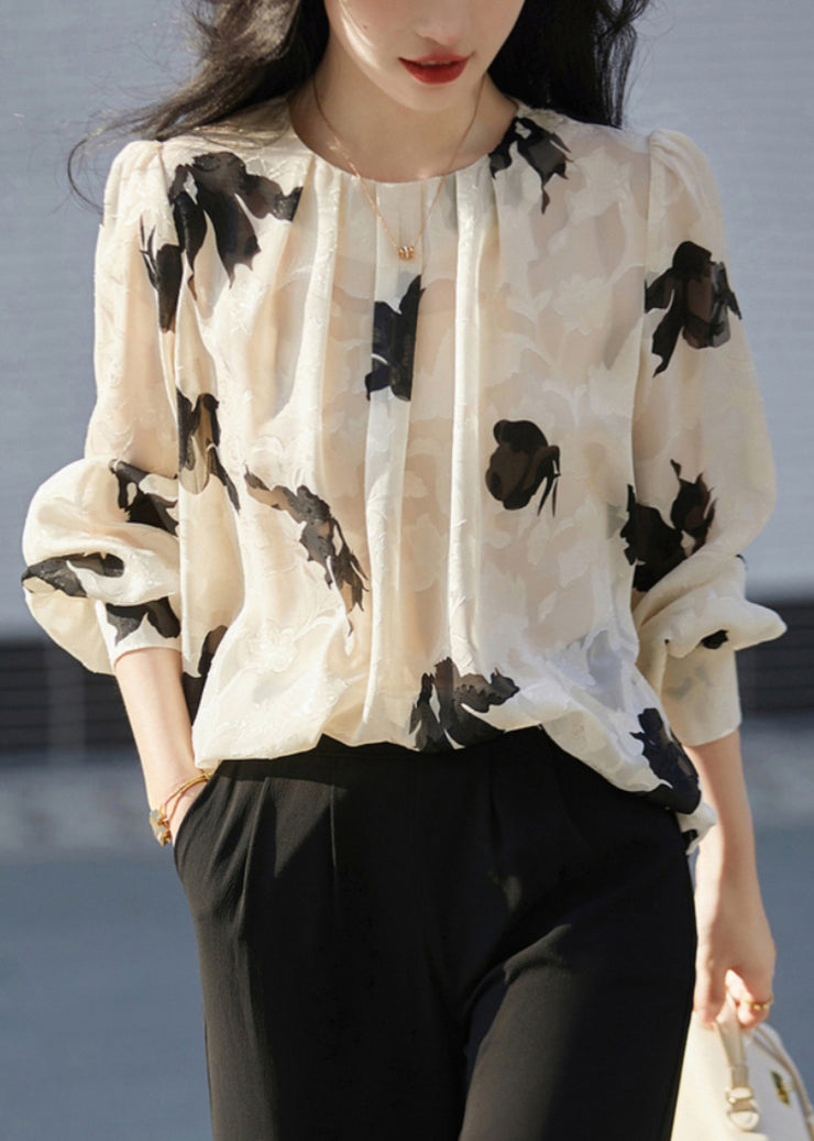 French Apricot O Neck Print Chiffon Top Fall