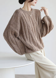 French Apricot O Neck Puff Sleeve Cable Knit Woolen Sweater