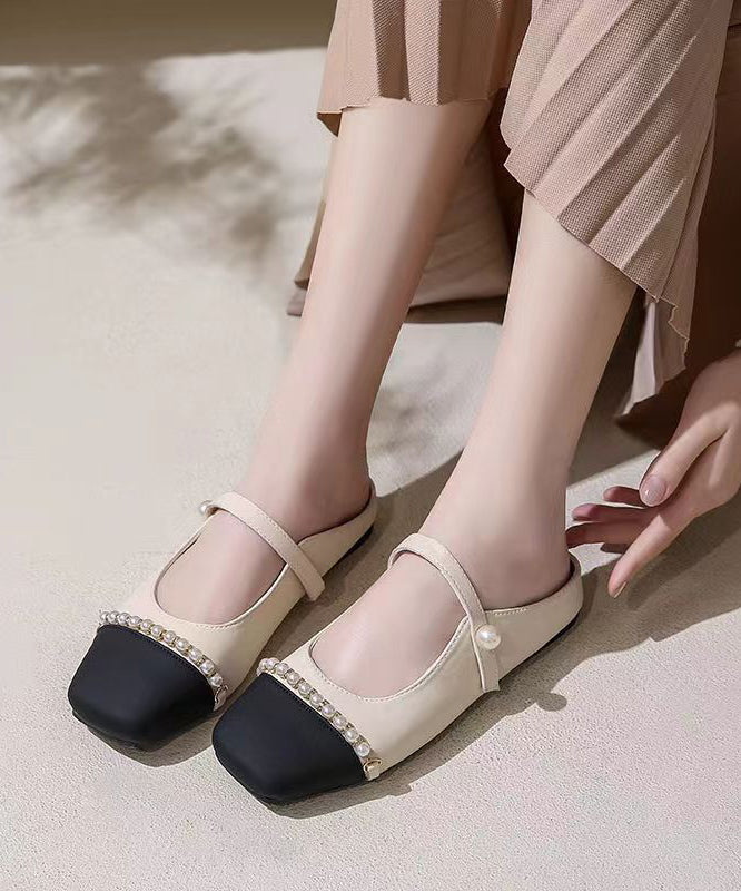 French Apricot Square Toe Nail Bead Flats Slide Sandals