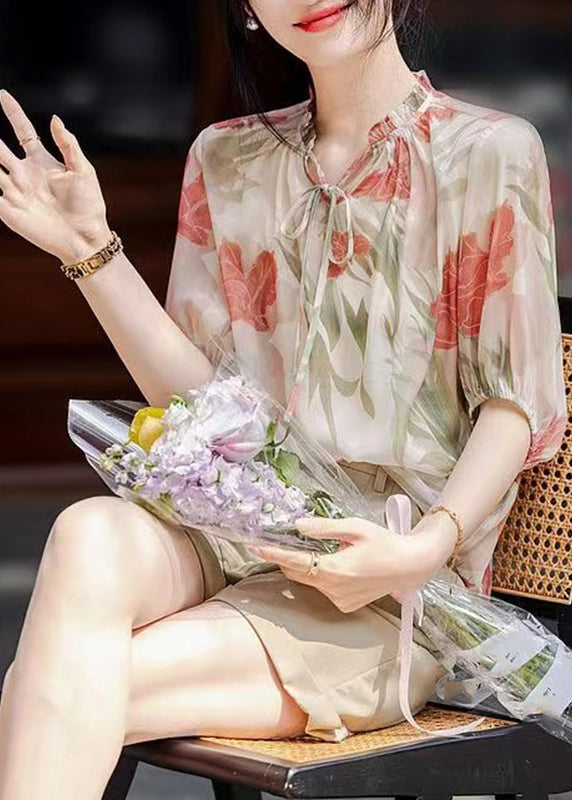 French Apricot V Neck Print Chiffon Top Summer