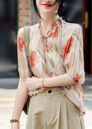 French Apricot V Neck Print Chiffon Top Summer