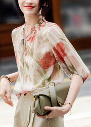 French Apricot V Neck Print Chiffon Top Summer