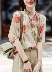 French Apricot V Neck Print Chiffon Top Summer