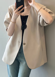 French Apricot V Neck Puff Sleeve Button Coat