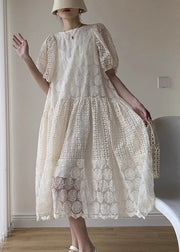 French Apricot Wrinkled Patchwork Lace Long Dresses Puff Sleeve