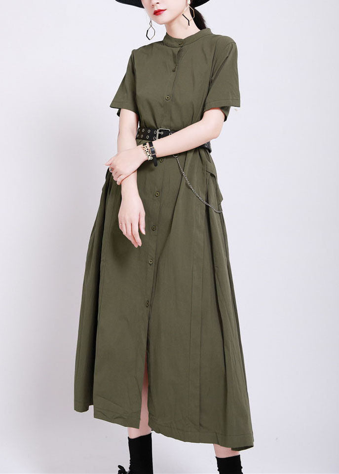 French Army Green Button Patchwork Wrinkled Cotton Long Dress Summer