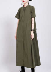 French Army Green Button Patchwork Wrinkled Cotton Long Dress Summer