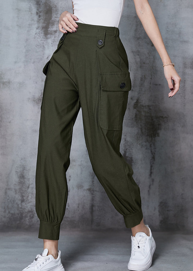 French Army Green Elastic Waist Pockets Cotton Overalls Pants Spring