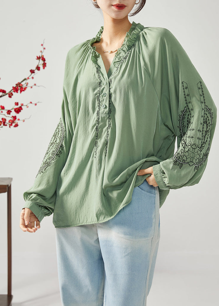 French Army Green Embroideried Ruffled Cotton Shirts Spring