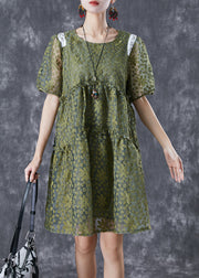 French Army Green Embroideried Ruffled Tulle Vacation Dresses Summer