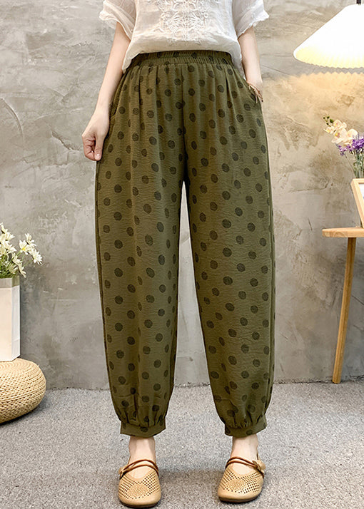 French Army Green Pockets Elastic Waist Cotton Harem Pants Summer