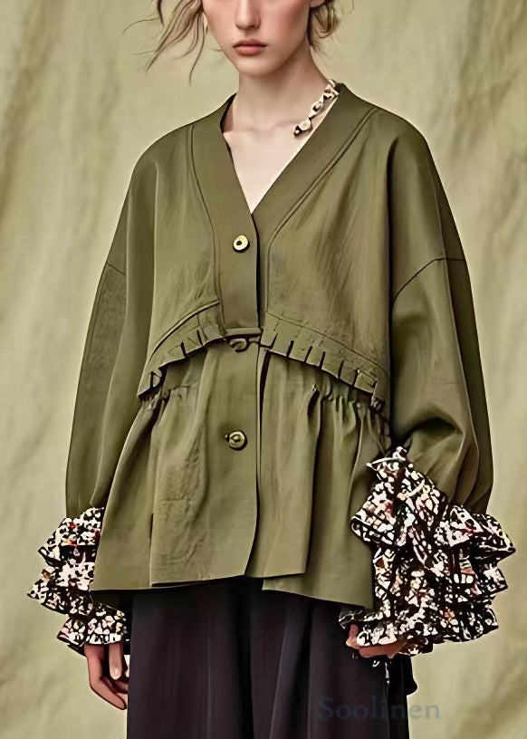 French Army Green Ruffled Button Cotton Coats Fall