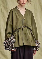 French Army Green Ruffled Button Cotton Coats Fall