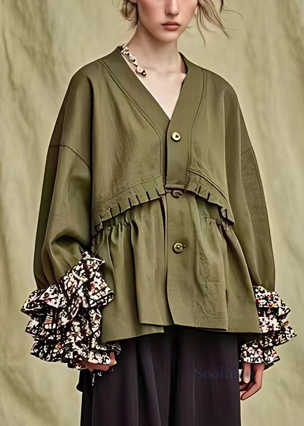 French Army Green Ruffled Button Cotton Coats Fall