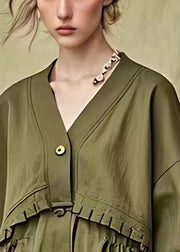 French Army Green Ruffled Button Cotton Coats Fall