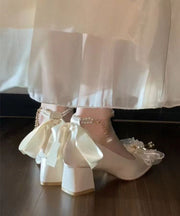 French Beige Bow Pearl Splicing Chunky Heel Shoes