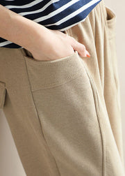 French Beige Elastic Waist Patchwork Cotton Harem Pants Spring