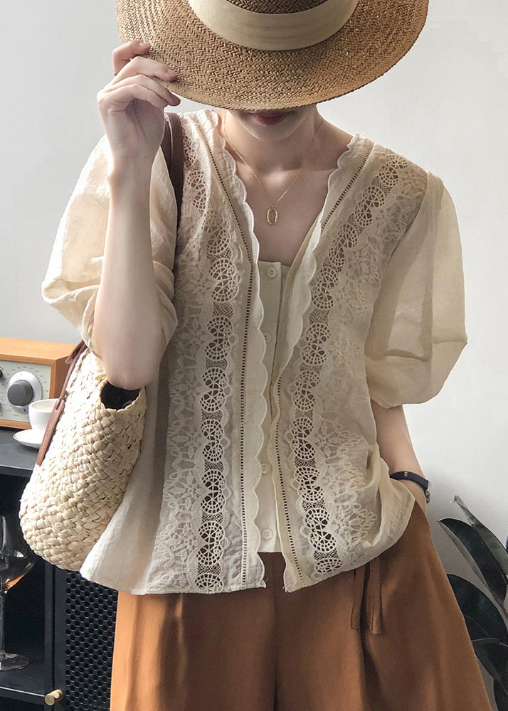 French Beige Hollow Out Embroidered Puff Sleeve Cotton Blouses