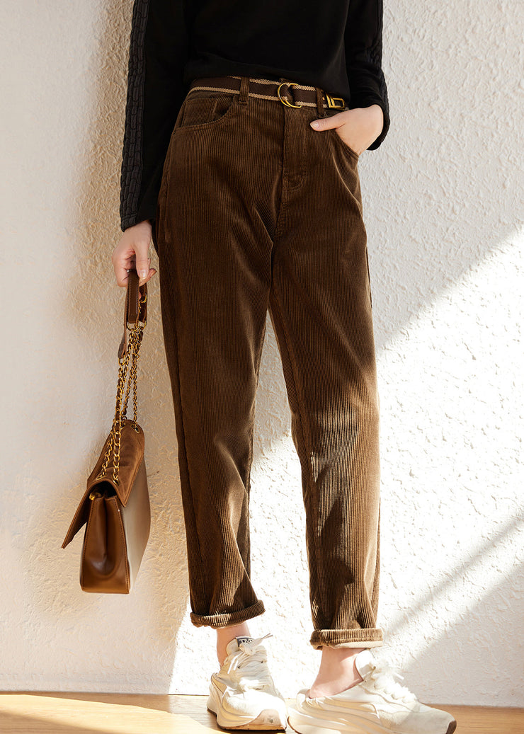 French Beige Pockets High Waist Fleece Pants Winter