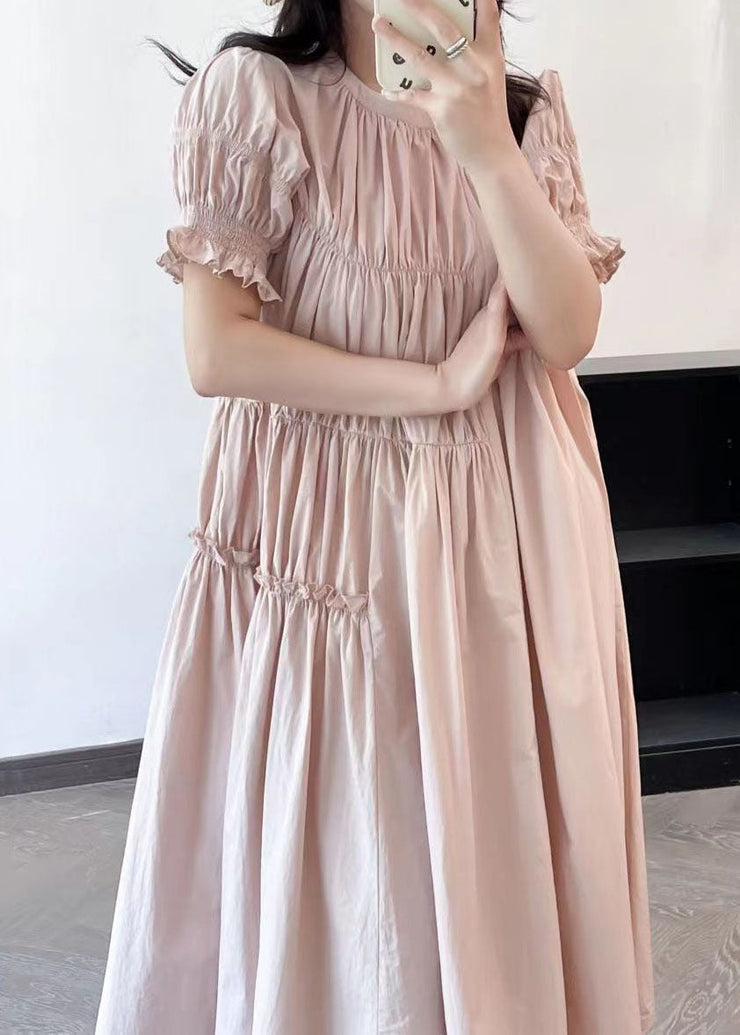 French Beige Ruffled Asymmetrical Patchwork Cotton Long Dresses Summer