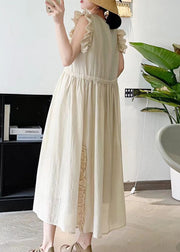 French Beige Ruffled Drawstring Cotton Dresses Butterfly Sleeve