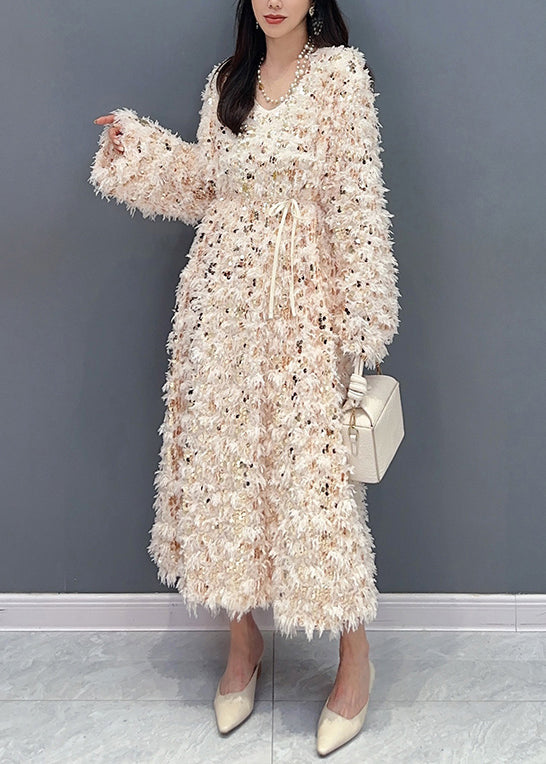 French Beige Sequins Patchwork Fuzzy Fur Fluffy Dresses Long Sleeve