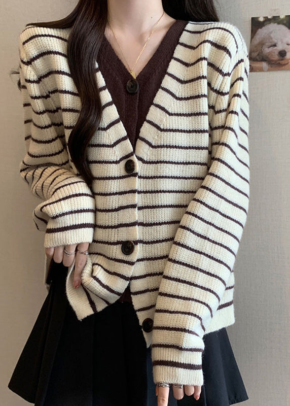 French Beige Striped Knit Fake Two Piece Cardigan Fall