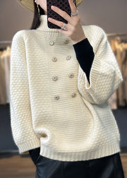 French Beige Turtleneck Button Patchwork Sweaters Bracelet Sleeve