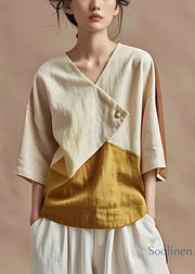 French Beige V Neck Button Linen Shirt Batwing Sleeve