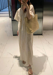 French Beige V Neck Hollow Out Cotton Long Dress Summer