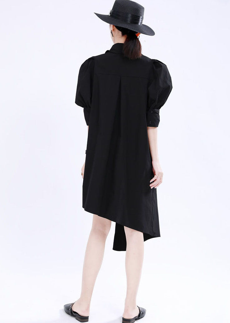 French Black Asymmetrical Design Solid Color Cotton Shirt Dress Lantern Sleeve