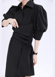 French Black Asymmetrical Design Solid Color Cotton Shirt Dress Lantern Sleeve