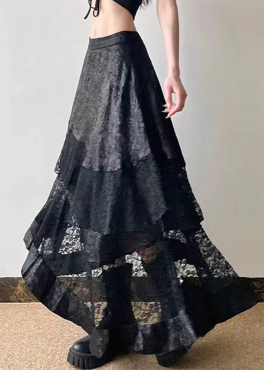 French Black Asymmetrical Lace Patchwork Skirt Summer