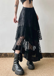 French Black Asymmetrical Lace Patchwork Skirt Summer