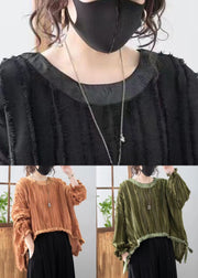 French Black Asymmetrical Lace Up Cotton Top Fall