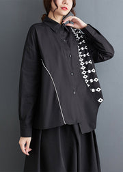 French Black Asymmetrical Print Patchwork Cotton Shirts Fall