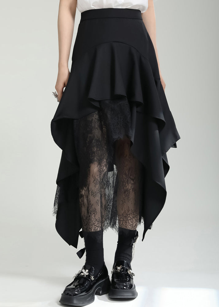 French Black Asymmetrical Ruffled Lace Patchwork Cotton Skirt Fall