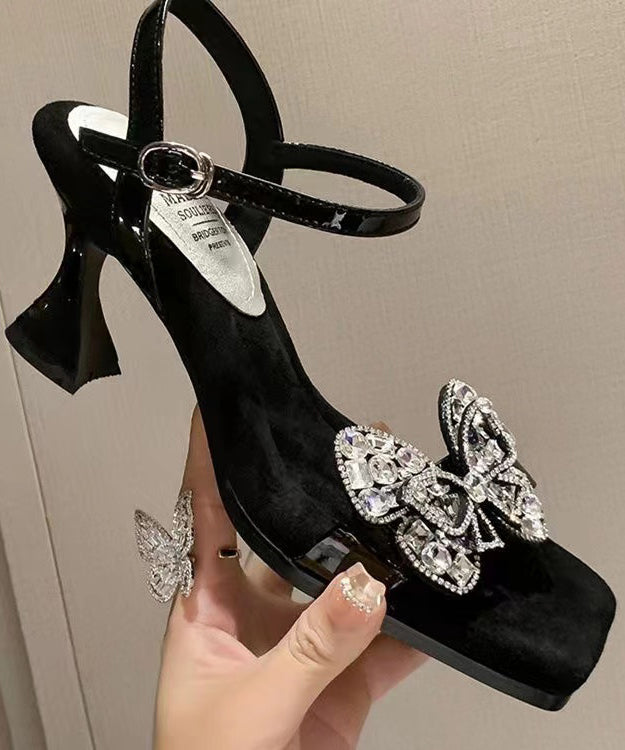 French Black Bow Zircon Chunky Heel Sandals Peep Toe