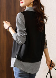 French Black Button Patchwork False Two Pieces Cotton Top Long Sleeve