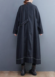 French Black Button Pockets Denim Long Trench Coat Fall