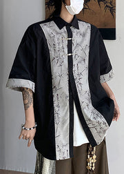 French Black Button Print Patchwork Cotton Men Shirt Summer