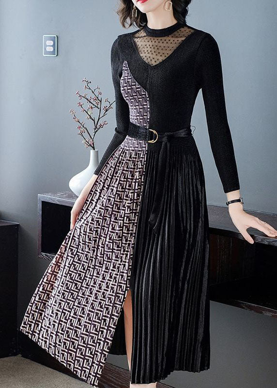 French Black Cinched Patchwork Side Open Silk Velour Maxi Dress Spring