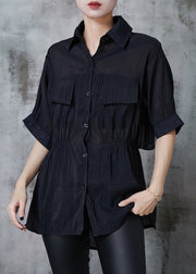 French Black Cinched Silk Shirt Tops Summer