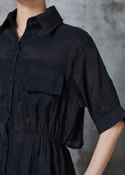 French Black Cinched Silk Shirt Tops Summer