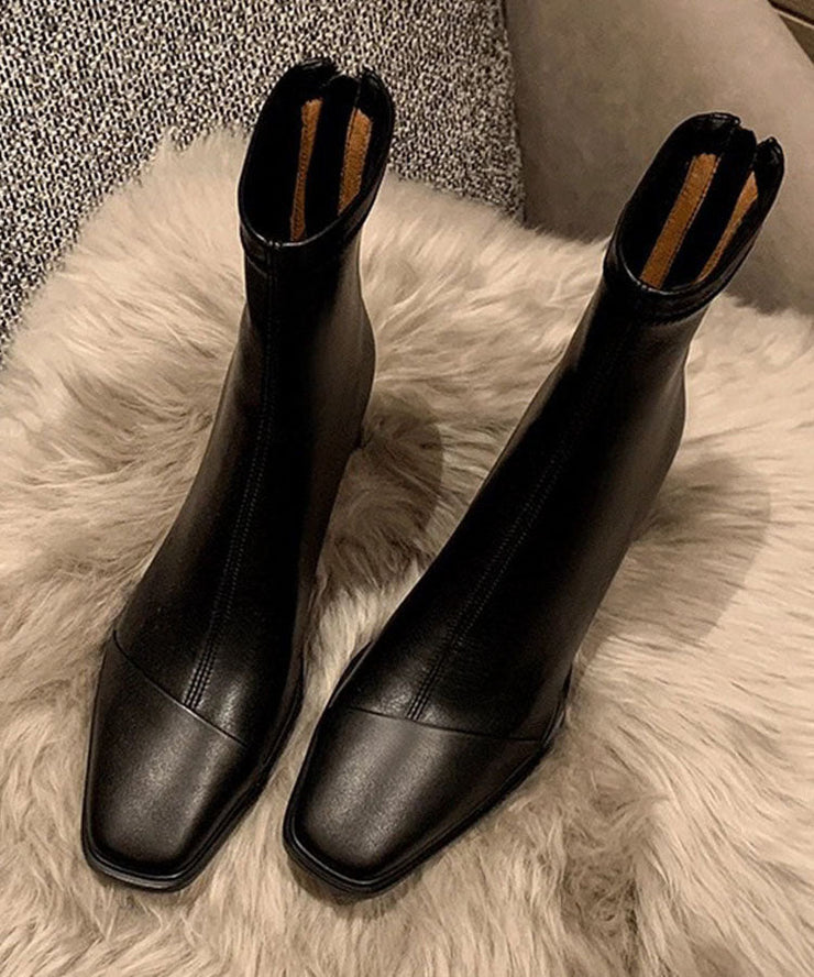 French Black Cowhide Leather Splicing Chunky Heels Boots