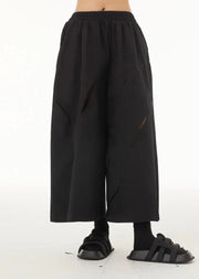 French Black Elastic Waist Ripped Cotton Wide Leg Crop Pants Summer