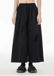 French Black Elastic Waist Ripped Cotton Wide Leg Crop Pants Summer