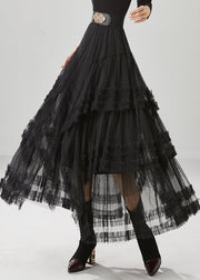 French Black Elastic Waist Ruffled Tulle A Line Skirt Fall