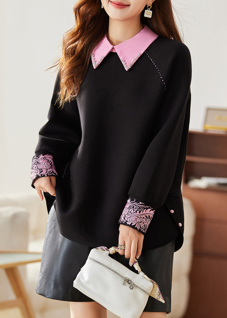 French Black Embroidered Patchwork Cotton Sweatshirts Spring